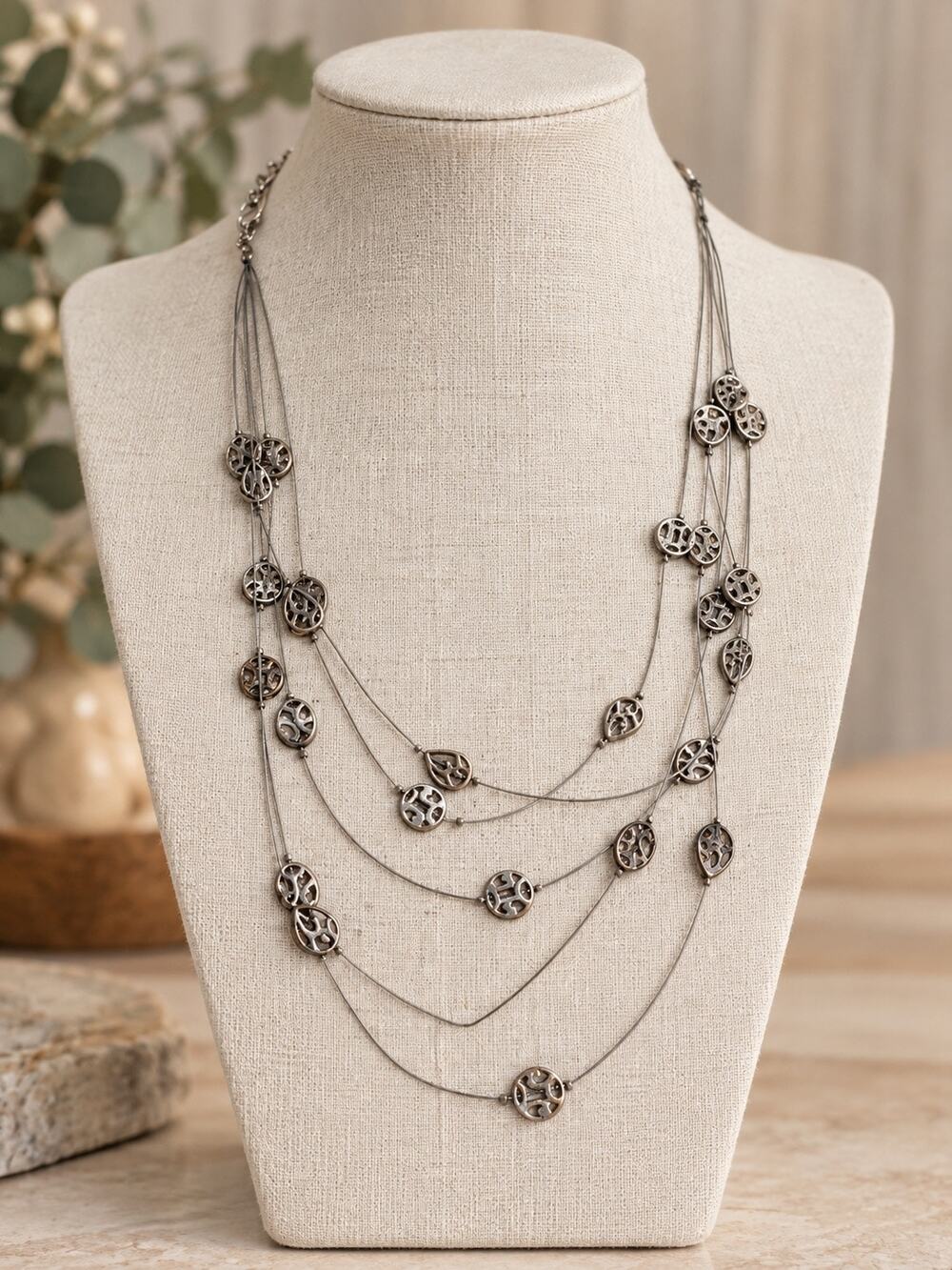 Kim Rogers Layered 5 Strands Silver Tone String Necklace